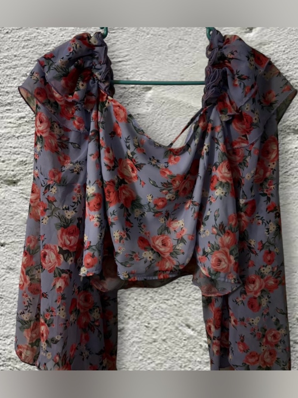 SHEIN Curve Lavender Floral Ruffle Blouse with Coral Roses